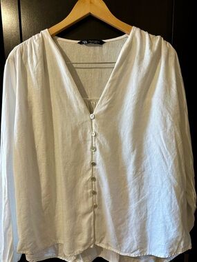 ZARA White Linen-Blend V-Neck Button Blouse | M